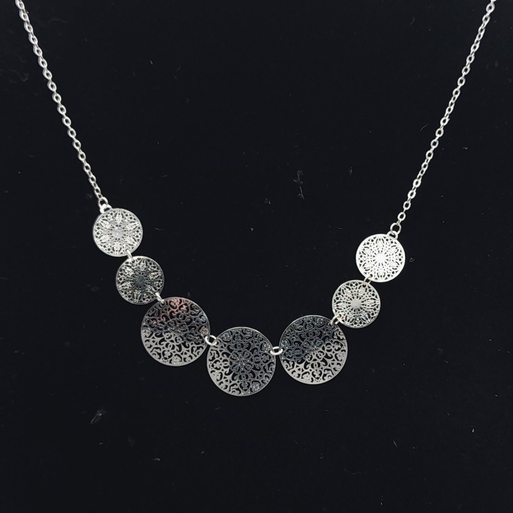 Silver Tone Filigree Bib Necklace Mandala Disc Boho Statement 18-20in